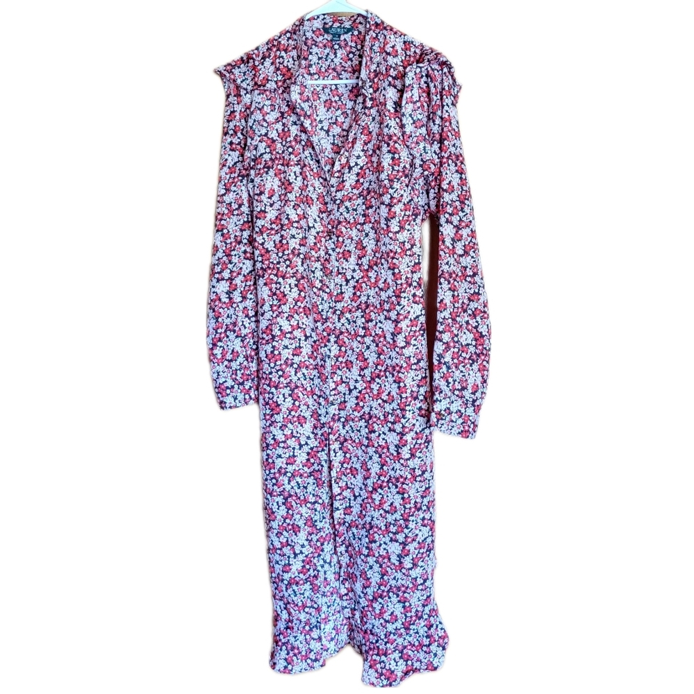 RALPH LAUREN Red Floral Maxi Dress, Size 12, Long Sleeve, Ruffled, Gre